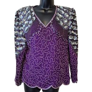 Vintage Purple Silver Sequin Embellished Women's Top Medium